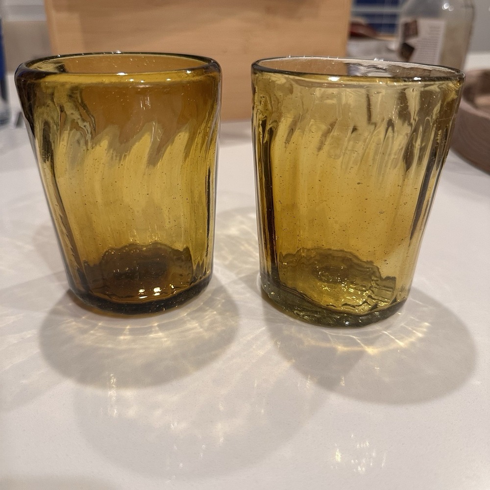 Vtg Amber Bubble Glass Tumblers Handblown Swirl Rough Pontil BLENKO ?‎ SET of 2